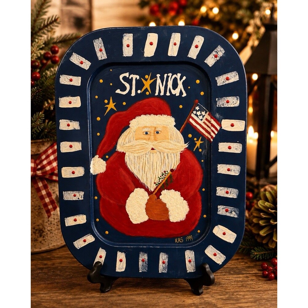 Vintage 1999 Hand Painted St Nick Santa Folk Art Christmas Plaque Signed KAS 12